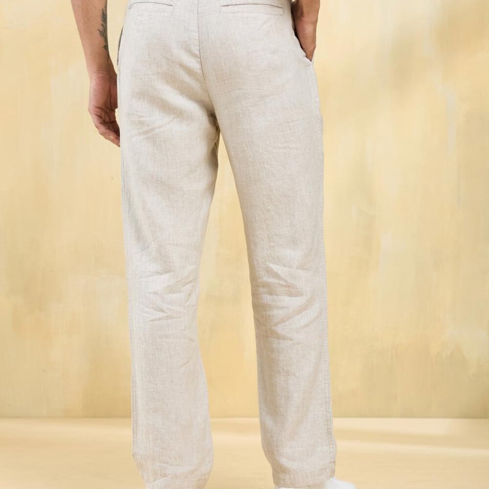 Beige Linen Regular Pants - Picture 4 of 5